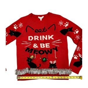 Womens No Boundaries Ugly Christmas Sweater Holiday Cat MEOW Red Large